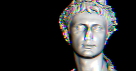 3D model of a roman statue head with glitch effect over. Glitch and noise over greek statue....