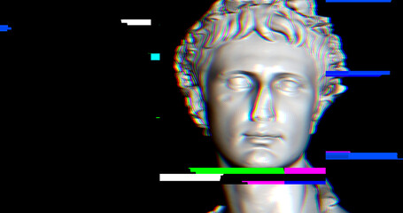 3D model of a roman statue head with glitch effect over. Glitch and noise over greek statue. Vaporwave colors and mood with techonology digital noise.
Classical statue head.