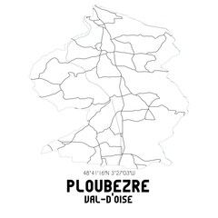 PLOUBEZRE Val-d'Oise. Minimalistic street map with black and white lines.