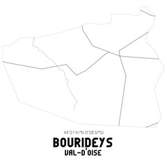 BOURIDEYS Val-d'Oise. Minimalistic street map with black and white lines.