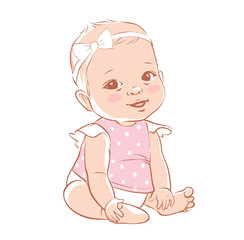 Cute baby girl sitting and smiling. Active baby of 3-12 months dressed in baby clothes. First years baby development. Caucasian ethnicity child. Vector illustration in pastel colors.