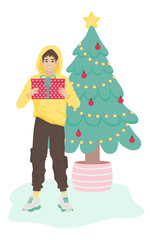 A young man with a New Year's gift in front of a Christmas tree. Funny cartoon character is preparing for Christmas. The guy gives a gift for the New Year. Flat vector illustration. Christmas sale