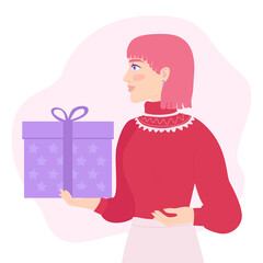 Young woman in a red sweater with a New Year's gift. The girl gives a gift.Funny cartoon character preparing for Christmas. Flat vector illustration. Christmas sale or Secret Santa surprises concept.