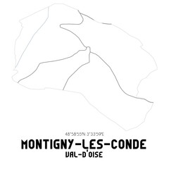 MONTIGNY-LES-CONDE Val-d'Oise. Minimalistic street map with black and white lines.