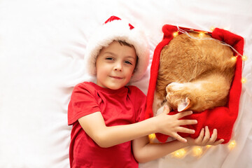 cute boy in a christmas hat hugging a red box with a ginger cat. a boy in a red T-shirt holding a New Year's gift. beautiful red cat sleeps in a red gift box. white background.