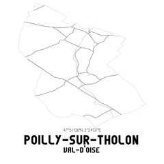 POILLY-SUR-THOLON Val-d'Oise. Minimalistic street map with black and white lines.