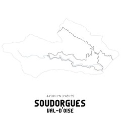 SOUDORGUES Val-d'Oise. Minimalistic street map with black and white lines.