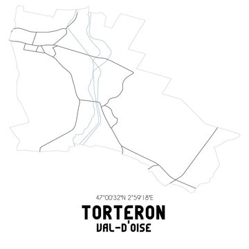 TORTERON Val-d'Oise. Minimalistic street map with black and white lines.