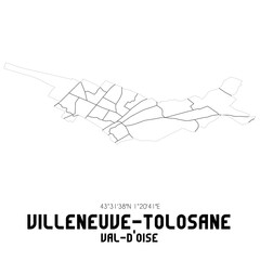 VILLENEUVE-TOLOSANE Val-d'Oise. Minimalistic street map with black and white lines.