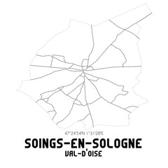 SOINGS-EN-SOLOGNE Val-d'Oise. Minimalistic street map with black and white lines.