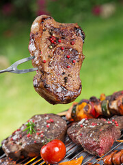 Delicious beef meat with vegetable on a barbecue grill.