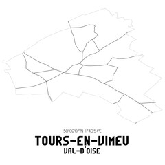 TOURS-EN-VIMEU Val-d'Oise. Minimalistic street map with black and white lines.