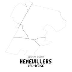 HEMEVILLERS Val-d'Oise. Minimalistic street map with black and white lines.