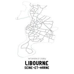 Fototapeta premium LIBOURNE Seine-et-Marne. Minimalistic street map with black and white lines.