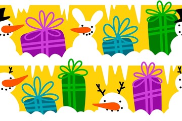 Christmas winter ice snow present seamless gift box and snowman pattern for wrapping paper and fabrics