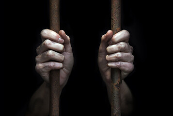 The prisoner's hands are holding on to the iron bars