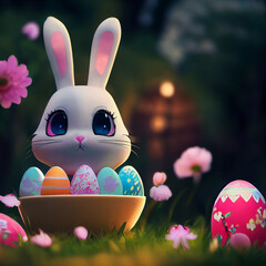 Easter bunny in the forest with a basket of colorful easter eggs