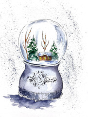 winter Christmas card watercolor illustration glass snowball wint trees and house 