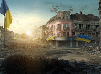 early morning on the battlefield of Kherson city liberated. The Ukrainian flags are flying. A concept of Ukrainian counterattack in the Russia-Ukraine war in 2022. Ukrainian resistance army's honor.