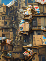 Fototapeta premium A 3d digital rendering of a huge city made out of piles of cardboard boxes.