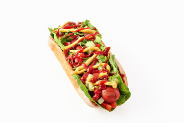 hot dog with ketchup and mustard, isolated on white background