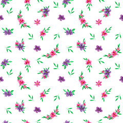 Hand drawn watercolor floral print. Watercolor flowers. Violet. Pink. White background. Provence. France. Home textiles. Print for a dress. Spring. Summer.