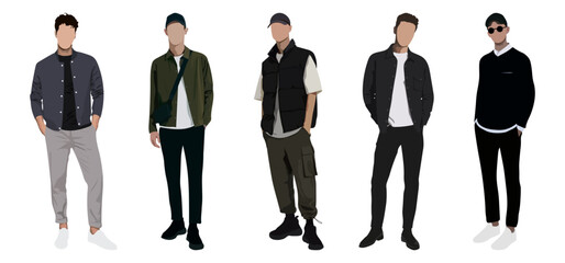 Group fashion men in modern trendy outfits. Young people wearing stylish casual summer clothes. Colored flat graphic vector illustration of fashionable man isolated on white background