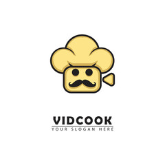 Chef video logo template design vector. chef and video combination. simple flat vector design. suitable for dining content, restaurants, food video business, etc.