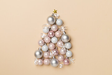 Christmas tree made of bauble decoration, top view