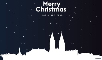Christmas and New year dark blue greeting card with white panorama of Bremen - obrazy, fototapety, plakaty