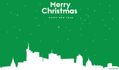 Christmas and New year green greeting card with white panorama of Frankfurt