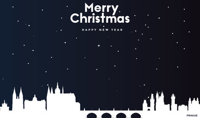 Christmas and New year dark blue greeting card with white panorama of Prague