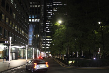 City street with hotel at night