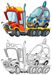 Naklejka premium funny cartoon tow truck driver with other car
