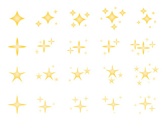 Gold sparkles stars set. Different shapes of bright firework shiny sparkle, magic twinkle, sun glare decoration. Glowing light flash effect. Starry sky space. Spark shining burst radiance explosion