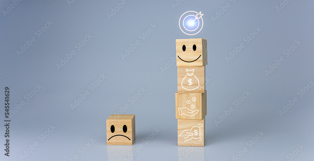 Poster wood cube block stacking with icon.concept of business strategy and goal action plan.