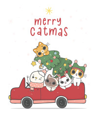 Obraz na płótnie Canvas Cute Christmas cats riding in a red car, Winter road trip, kawaii cartoon doodle hand drawing illustration. Perfect for greeting cards, these festive felines capture the joy of the season.