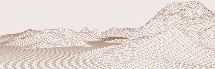 Wireframe landscape background. Detailed lines on white background. Vector illustration.