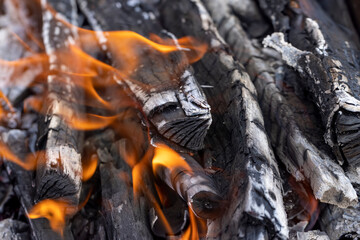 Burning logs and boards in the fire