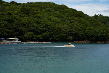 Fototapeta na wymiar 島の横を走るボート