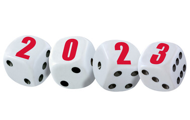 White dice cubes spelling 2023 in red numbers. Concept of new year which brings luck, good business...