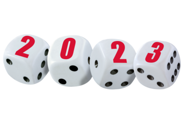 White dice cubes spelling 2023 in red numbers. Concept of new year which brings luck, good business and prosperity. PNG file.