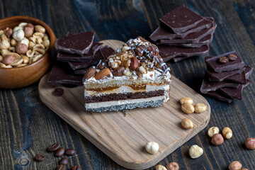 multi-layer cake with different layers, close up