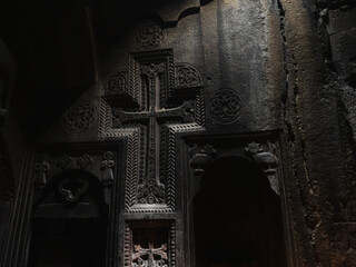 Geghard Monastery in Armenia. The Monastery of the spear, an architectural structure in the Kotayk region - 545545423