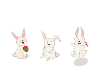 Cute Christmas rabbit, cartoon new year bunny characters set. Funny xmas animal personage with scarf holding gift box, banner and fir-tree, winter holidays celebration. Hand drawn illustration 