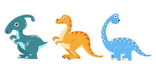 Set Vector flat illustration. Dinosaurs cartoon. Cute illustration for kids. Design element.