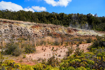 Sulphur rock unveiled by a landslide seen on the Sulphur Banks trail in the Kilauea crater in the Hawaiian Volcanoes National Park on the Big Island of Hawai'i in the Pacific Ocean