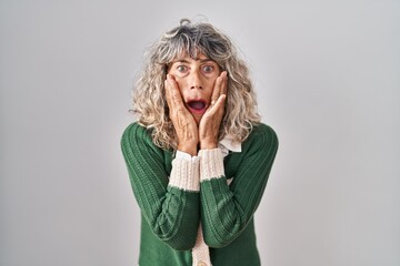 Middle age woman standing over white background afraid and shocked, surprise and amazed expression...