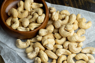 Fresh peeled cashew nuts on the table