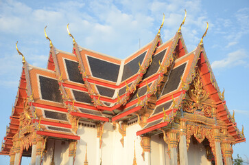 Fototapeta premium Side view of the church at Chulamanee Temple, Samut Songkhram Province. Thailand